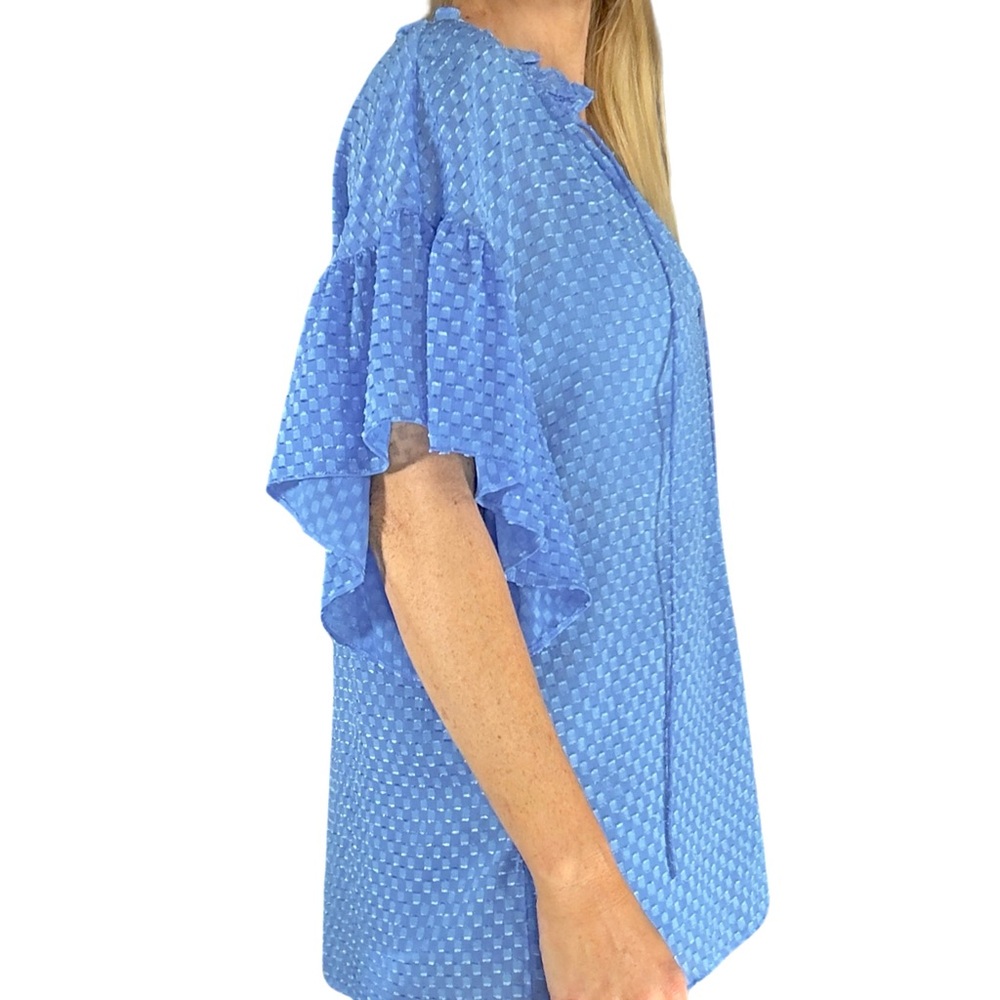 ALICE + OLIVIA Julius Ruffle Peasant Blouse Blue Top Solid Swiss
Dot‎ Ties - Picture 15 of 16